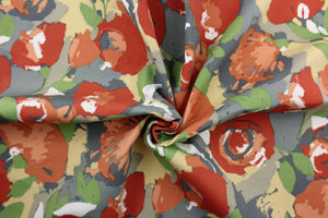 This Solarium outdoor decorative print features a large watercolor floral design in green, gray, white, tan and orange.  This versatile, long-lasting fabric can withstand up to 500 hours of sunlight, water and stain resistant and has 10,000 double rubs.  It is perfect for lounge cushions, pool furniture, tablecloths, decorative pillows and upholstery projects.  This fabric has a slightly stiff feel but is easy to work with.  