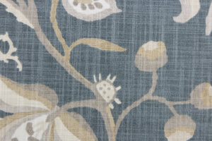 This beautiful design features a gorgeous floral vine print in taupe, tan and white on a slate background.  Use this 100% cotton fabric for clothing as well as drapery, pillows and light upholstery. Add this eye catching fabric to any design. 