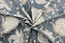 Load image into Gallery viewer, This beautiful design features a gorgeous floral vine print in taupe, tan and white on a slate background.  Use this 100% cotton fabric for clothing as well as drapery, pillows and light upholstery. Add this eye catching fabric to any design. 
