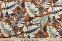 Load image into Gallery viewer, This Solarium outdoor print features a large tropical leaf design in black, gray, white and light green on a dark orange background.  This versatile, long-lasting fabric can withstand up to 500 hours of sunlight, water and stain resistant and has 10,000 double rubs.  It is perfect for lounge cushions, pool furniture, tablecloths, decorative pillows and upholstery projects.  This fabric has a slightly stiff feel but is easy to work with.  
