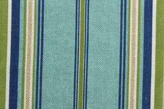 This Solarium outdoor print features a striped design in blue, green, khaki and white.  This versatile, long-lasting fabric can withstand up to 500 hours of sunlight, water and stain resistant and has 10,000 double rubs.  It is perfect for lounge cushions, pool furniture, tablecloths, decorative pillows and upholstery projects.  This fabric has a slightly stiff feel but is easy to work with.  Bring indoors when not in use. 