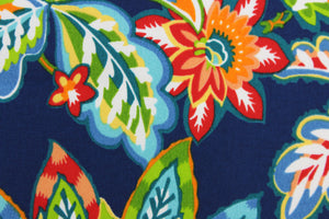 This Solarium outdoor decorative print features a large floral design in  red, green, yellow, white, orange and blue.  This versatile, long-lasting fabric can withstand up to 500 hours of sunlight, water and stain resistant and has 10,000 double rubs.  It is perfect for lounge cushions, pool furniture, tablecloths, decorative pillows and upholstery projects.  This fabric has a slightly stiff feel but is easy to work with.  