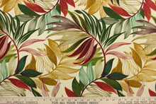 Load image into Gallery viewer, This Solarium outdoor decorative print features a large tropical leaf design in red, green and tan on a beige background.  This versatile, long-lasting fabric can withstand up to 500 hours of sunlight, water and stain resistant and has 10,000 double rubs.  It is perfect for lounge cushions, pool furniture, tablecloths, decorative pillows and upholstery projects.  This fabric has a slightly stiff feel but is easy to work with.  
