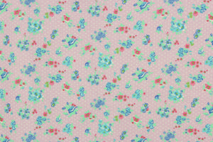 This beautiful rose and leaves print in  blue, pink and green against  a light purple polka dot background is a great fabric for quilting, bedding, clothing, pin cushions, crafting and home décor, etc. 