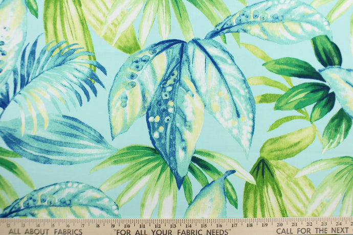 This Solarium outdoor decorative print features a large tropical leaf design in green, white, and blue on a aqua background.  This versatile, long-lasting fabric can withstand up to 500 hours of sunlight, water and stain resistant and has 10,000 double rubs.  It is perfect for lounge cushions, pool furniture, tablecloths, decorative pillows and upholstery projects.  This fabric has a slightly stiff feel but is easy to work with.  