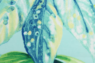 This Solarium outdoor decorative print features a large tropical leaf design in green, white, and blue on a aqua background.  This versatile, long-lasting fabric can withstand up to 500 hours of sunlight, water and stain resistant and has 10,000 double rubs.  It is perfect for lounge cushions, pool furniture, tablecloths, decorative pillows and upholstery projects.  This fabric has a slightly stiff feel but is easy to work with.  
