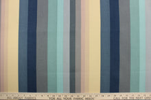 Load image into Gallery viewer, This Solarium outdoor decorative print features a striped design in shades of blue, green, gray and cream.  This versatile, long-lasting fabric can withstand up to 500 hours of sunlight, water and stain resistant and has 10,000 double rubs.  It is perfect for lounge cushions, pool furniture, tablecloths, decorative pillows and upholstery projects.  This fabric has a slightly stiff feel but is easy to work with.  
