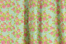Load image into Gallery viewer, Roses, leaves, polka dots, quilting, bedding, clothing, pin cushions, home decor, shades of pink, blue, yellow, green, white, cotton, polka dots
