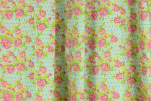 Roses, leaves, polka dots, quilting, bedding, clothing, pin cushions, home decor, shades of pink, blue, yellow, green, white, cotton, polka dots