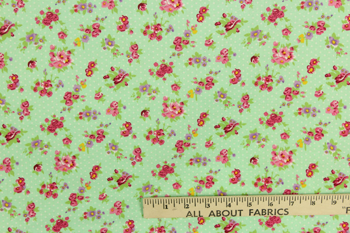 Quilting, quilting prints, roses, leaves, polka dots, green, white, pink, purple, red, cotton, bedding, clothing, pin cushions, crafting, home decor