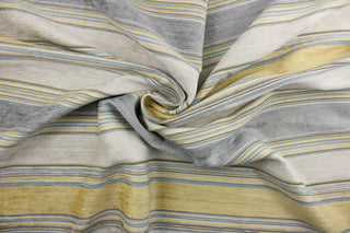  Portofino is a striped, woven upholstery weight fabric in yellow, teal and shades of grey.  It is great for upholstery projects including sofas, chairs, dining chairs, pillows, handbags and craft projects.  It is soft and durable and would make a great accent to any room.  