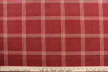 Load image into Gallery viewer, This solarium outdoor print features a plaid design with white and khaki stripes against a berry background.  It is durable and can withstand up to 500 hours of sunlight, water and stain resistant and has 10,000 double rubs.  It is perfect for cushions, tablecloths, decorative pillows and upholstery projects.  Bring indoors when not in use.
