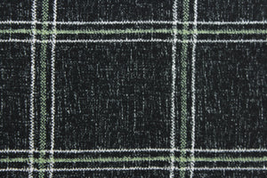 This solarium outdoor print features a plaid design with white and light green stripes against a black background.  It is durable and can withstand up to 500 hours of sunlight, water and stain resistant and has 10,000 double rubs.  It is perfect for cushions, tablecloths, decorative pillows and upholstery projects.  Bring indoors when not in use.