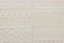 Load image into Gallery viewer,  Bamako Stripe is a chenille high end upholstery weight fabric that is suited for uses that requires a more durable fabric.  Featuring an Aztec design in sand and antique white it would be great for upholstery projects including sofas, chairs, dining chairs, pillows, handbags and craft projects.  It is soft and durable with 51,000 double rubs and offers a soil and stain repellant finish.
