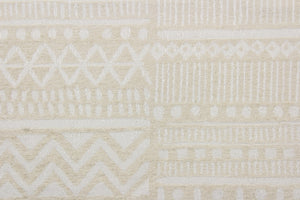  Bamako Stripe is a chenille high end upholstery weight fabric that is suited for uses that requires a more durable fabric.  Featuring an Aztec design in sand and antique white it would be great for upholstery projects including sofas, chairs, dining chairs, pillows, handbags and craft projects.  It is soft and durable with 51,000 double rubs and offers a soil and stain repellant finish.