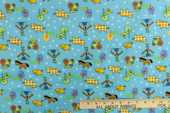 Yellow, white, trees, tractors, stars, quilting prints, quilting, pigs, orange, horses, green, fences, cows, blue, black, birds, birdhouses, animals, 100% cotton, crafts, craft projects, apparel, home decor, old macdonald, polka dots