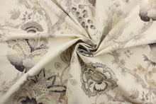 Load image into Gallery viewer, Winslow is a beautiful floral watercolor print in taupe and tan.  Use this multi purpose fabric for  drapery, pillows, bedding, placemats, home decor and light upholstery.  It is soft and durable with 12,000 double rubs.
