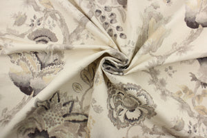 Winslow is a beautiful floral watercolor print in taupe and tan.  Use this multi purpose fabric for  drapery, pillows, bedding, placemats, home decor and light upholstery.  It is soft and durable with 12,000 double rubs.