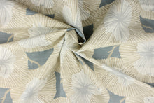 Load image into Gallery viewer, Mirabel features a large-scale floral design in taupe, white and gray on a blue gray background.  Use this multi purpose fabric for clothing as well as drapery, pillows, bedding, placemats and light upholstery.  The possibilities are endless.
