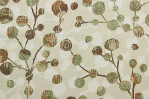  Orbits is a medium weight fabric that is printed on 100% cotton duck.  The beautiful color palette includes warm tones of cream, beige, brown, rust, and green.  It has a soft hand and good durability with 50,000 double rubs.  It can give any space a much needed update.  The versatile fabric is perfect for window accents (draperies, valances, curtains and swags) cornice boards, accent pillows, bedding, headboards, cushions, ottomans, slipcovers and upholstery.  
