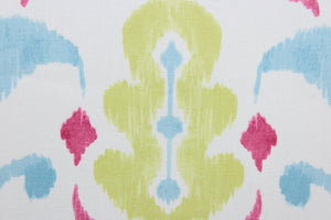 Marion Crowley Designs for P Kaufmann© Luce in Mineral is a fun option for drapery, bedding, decorative pillows, and upholstery.  Made from pure cotton with a soil and stain repellant finish, this ikat pattern comes in a range of colors including blue, green, pink and white, and is rated for 15,000 double rubs for superior wearability.