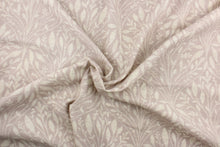 Load image into Gallery viewer, This fabric features a leaf design in a pale purple and dull white.

