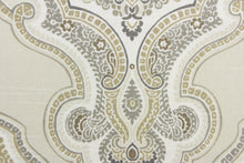 Load image into Gallery viewer,  This fabric features a paisley demask design in white, gray, beige, brown and off white 
