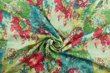 Load image into Gallery viewer, This fabric features a abstract design in  hot pink, lime green, turquoise, green, blue, brown and off white. 
