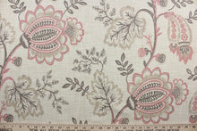 Load image into Gallery viewer, South Point features an intricate array of gray and coral flowers on a beige background.  The fabric is designed to be soil and stain repellant, with a durability rating of 15,000 double rubs.  The versatile fabric is perfect for window accents (draperies, valances, curtains and swags) cornice boards, accent pillows, bedding, headboards, cushions, ottomans, slipcovers and upholstery.
