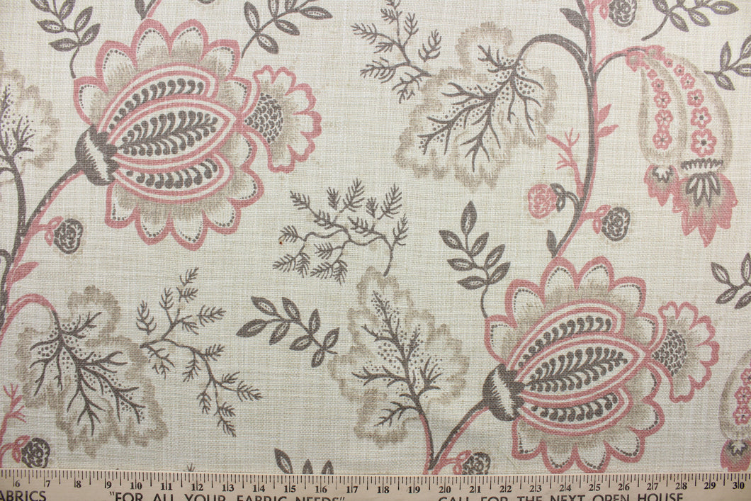 South Point features an intricate array of gray and coral flowers on a beige background.  The fabric is designed to be soil and stain repellant, with a durability rating of 15,000 double rubs.  The versatile fabric is perfect for window accents (draperies, valances, curtains and swags) cornice boards, accent pillows, bedding, headboards, cushions, ottomans, slipcovers and upholstery.