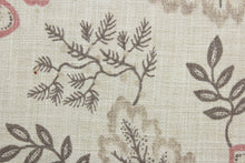 Load image into Gallery viewer, South Point features an intricate array of gray and coral flowers on a beige background.  The fabric is designed to be soil and stain repellant, with a durability rating of 15,000 double rubs.  The versatile fabric is perfect for window accents (draperies, valances, curtains and swags) cornice boards, accent pillows, bedding, headboards, cushions, ottomans, slipcovers and upholstery.
