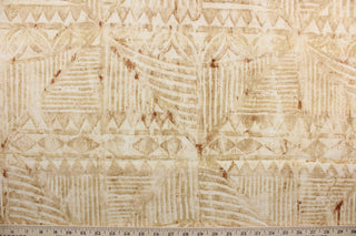 Abeytu is a multi-use printed fabric featuring a vibrant southwestern design, with shades of beige lending warmth to any interior.  The fabric's soil and stain repellent finish ensures lasting use, with 51,000 double rubs indicating its hardness and durability.  The versatile fabric is perfect for window accents (draperies, valances, curtains and swags) cornice boards, accent pillows, bedding, headboards, cushions, ottomans, slipcovers and light duty upholstery. 