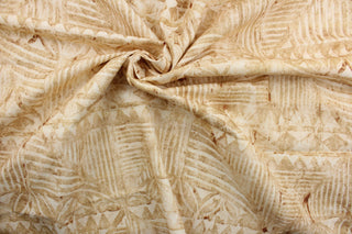Abeytu is a multi-use printed fabric featuring a vibrant southwestern design, with shades of beige lending warmth to any interior.  The fabric's soil and stain repellent finish ensures lasting use, with 51,000 double rubs indicating its hardness and durability.  The versatile fabric is perfect for window accents (draperies, valances, curtains and swags) cornice boards, accent pillows, bedding, headboards, cushions, ottomans, slipcovers and light duty upholstery. 