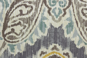 Artesanias is an ikat damask fabric that features an eye-catching taupe, teal, coral and mustard pattern on an off white background.  The versatile fabric is perfect for window accents (draperies, valances, curtains and swags) cornice boards, accent pillows, bedding, headboards, cushions, ottomans, slipcovers and light duty upholstery.  With a 51,000 double rub rating, this fabric provides exceptional durability and high wear resistance.