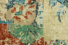 Load image into Gallery viewer, This fabric features a abstract design in  beige, tan, blue, golden tan, seafoam green, and terracotta. 
