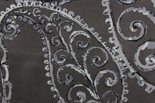 Load image into Gallery viewer, This fabric features a leaf design in gray and black against a dark charcoal gray. 
