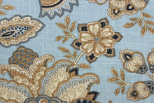 Load image into Gallery viewer, Monique is crafted with an intricate floral design in beige, brown, cream, and black on a powder blue background.  The versatile fabric is perfect for window accents (draperies, valances, curtains and swags) cornice boards, accent pillows, bedding, headboards, cushions, ottomans, slipcovers and light duty upholstery.  
