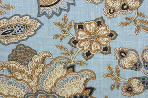 Monique is crafted with an intricate floral design in beige, brown, cream, and black on a powder blue background.  The versatile fabric is perfect for window accents (draperies, valances, curtains and swags) cornice boards, accent pillows, bedding, headboards, cushions, ottomans, slipcovers and light duty upholstery.  