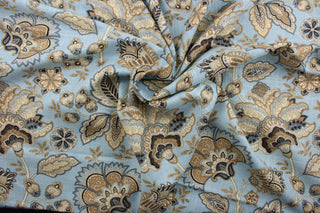 Monique is crafted with an intricate floral design in beige, brown, cream, and black on a powder blue background.  The versatile fabric is perfect for window accents (draperies, valances, curtains and swags) cornice boards, accent pillows, bedding, headboards, cushions, ottomans, slipcovers and light duty upholstery.  