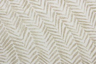 Intoxicating is an elegant multi-purpose fabric, featuring a fern leaf stripe design in sand and off-white. Its soil and stain repellant finish ensures easy maintenance, making it perfect for any room in the house.  The versatile fabric is perfect for window accents (draperies, valances, curtains and swags) cornice boards, accent pillows, bedding, headboards, cushions, ottomans, slipcovers and upholstery.  
