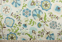 Load image into Gallery viewer, Daphne is a luxurious linen-rayon blend fabric with a floral design featuring shades of blue, brown, cream, and olive green, on an off-white background. This ultra-soft material is perfect for adding texture and visual interest to any décor. The versatile fabric is perfect for window accents (draperies, valances, curtains and swags) cornice boards, accent pillows, bedding, headboards, cushions, ottomans, slipcovers and light duty upholstery. 
