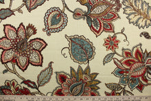Load image into Gallery viewer, Belle Maison© Celine in Coral features a durable blend of linen and rayon with a beautiful floral pattern in coral, red, blue, and brown against a cream background. Uses include window treatments, pillow shams, duvet covers, toss pillows, slip covers, and light duty upholstery to create a complete interior design look.
