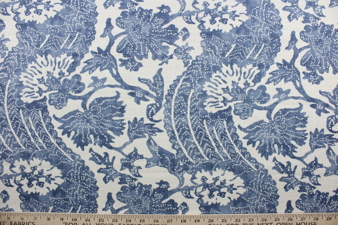 Brevard is a beautiful blend of cotton and linen, featuring a floral pattern in blue and white.  Its durability is tested to withstand 18,000 double rubs—making it an ideal choice for upholstery and other high-traffic purposes.  The versatile fabric is perfect for window accents (draperies, valances, curtains and swags) cornice boards, accent pillows, bedding, headboards, cushions, ottomans, and slipcovers.