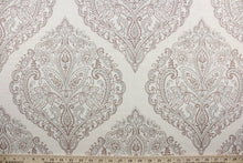 Load image into Gallery viewer, Arabella is a multi use fabric featuring a damask floral design in gray, brown and cream.  The versatile fabric is perfect for window accents (draperies, valances, curtains and swags) cornice boards, accent pillows, bedding, headboards, cushions, ottomans, slipcovers and upholstery.  It has a soft workable feel yet is stable and durable
