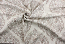 Load image into Gallery viewer,  Arabella is a multi use fabric featuring a damask floral design in gray, brown and cream.  The versatile fabric is perfect for window accents (draperies, valances, curtains and swags) cornice boards, accent pillows, bedding, headboards, cushions, ottomans, slipcovers and upholstery.  It has a soft workable feel yet is stable and durable.
