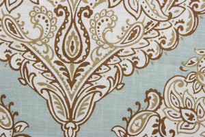 Arabella is a multi use fabric featuring a damask floral design in brown, beige and ivory against a light blue green background.  The versatile fabric is perfect for window accents (draperies, valances, curtains and swags) cornice boards, accent pillows, bedding, headboards, cushions, ottomans, slipcovers and upholstery.  It has a soft workable feel yet is stable and durable.