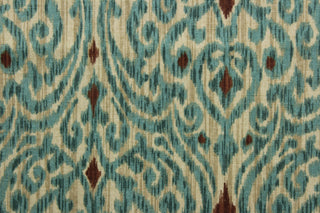 Sri Lanka features a printed cotton damask ikat design in brown, blue, green, and tan.  With its 15,000 double rubs, it is designed to last through everyday wear and tear.  It can be used for several different statement projects including window accents (drapery, curtains and swags), decorative pillows, hand bags, bed skirts, duvet covers, light duty upholstery and craft projects.  
