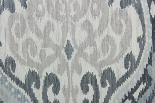 This sophisticated and durable cotton fabric, with its damask print in blue, grey, birch and beige tones, offers a stylish, easy-care fabric for any room.  It can be used for several different statement projects including window accents (drapery, curtains and swags), decorative pillows, hand bags, bed skirts, duvet covers, light duty upholstery and craft projects.  