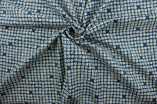  Axel is a multi use fabric featuring a geometrical design in blue grass and off white with a soil and stain repellant finish.  It can be used for several different statement projects including window accents (drapery, curtains and swags), decorative pillows, hand bags, bed skirts, duvet covers, upholstery and craft projects.  It has a soft workable feel yet is stable and has a durability rating of 51,000 double rubs.