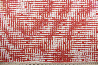 Axel is a multi use fabric featuring a geometrical design in cherry and white with a soil and stain repellant finish.  It can be used for several different statement projects including window accents (drapery, curtains and swags), decorative pillows, hand bags, bed skirts, duvet covers, upholstery and craft projects.  It has a soft workable feel yet is stable and has a durability rating of 51,000 double rubs.